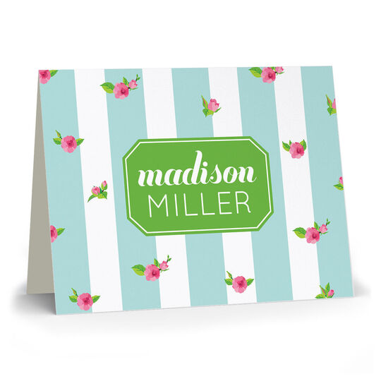 Aqua and White Floral Stripe Folded Note Cards